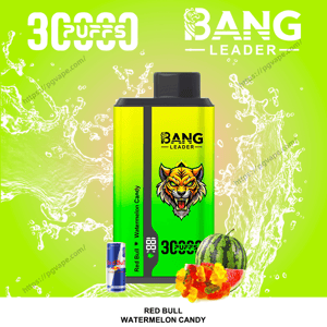 Vape jetable Bang Leader vert et jaune vif avec un logo de tigre féroce centré sur un fond citron vert, étiqueté ’ 30 puffs ’ et ’ Red Bull Watermelon Candy ’, illustré avec une petite canette Red Bull, une tranche de pastèque et des bonbons gommeux.