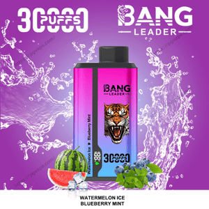 Appareil de vape jetable Bang Leader magenta à bleu vif avec un logo de tigre rugissant centré sur un fond violet avec des éclaboussures d'eau, des logos 3C Puffs et Bang Leader en haut, et une tranche de pastèque, des glaçons, des myrtilles et des feuilles de menthe avec l'étiquette de saveur Watermelon Ice Blueberry Mint en bas.