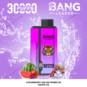 Appareil de vape jetable Purple Bang Leader avec un logo de tigre centré sur un fond violet éclatant, représenté avec une pastèque, une fraise, des raisins avec de la glace et un texte indiquant la saveur Fraise et Pastèque Raisin Glace et 3000 bouffées.