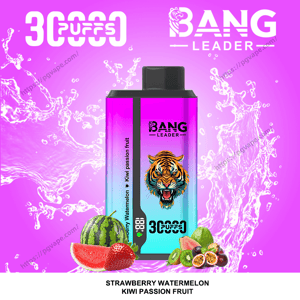 Publicité rose vif montrant une vape jetable Bang Leader avec un logo de tigre rugissant et un corps dégradé violet à bleu, entouré d'éclaboussures d'eau et de fraise fraîche, pastèque, kiwi et fruit de la passion avec ' 3C Puffs ' et le texte aromatique Fraise Pastèque Kiwi Fruit de la passion.