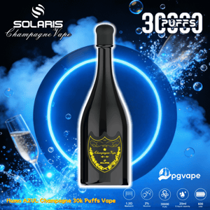 Vaporizador desechable negro con forma de botella de champán con una etiqueta dorada que dice 'Champagne Vape' centrada sobre un fondo circular de neón azul brillante, rodeado de burbujas, una copa de champán y logotipos de la marca que dicen SOLARIS, 30,000 inhalaciones y pgvape.
