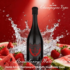 Black glossy champagne-shaped vape bottle with a red shield label centered against a red background, water splashing behind it and fresh strawberries and watermelon slices at the base, with stylized 'Champagne Vape' and 'Strawberry Watermelon' text in the design.