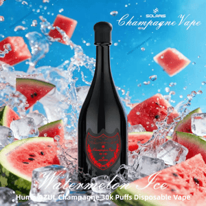 Black champagne-shaped disposable vape bottle with a red crest label centered among splashing ice cubes and watermelon slices against a bright blue background, with the words 'Champagne Vape' and 'Watermelon Ice' visible.