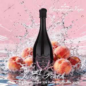 Black champagne-bottle-shaped disposable vape with a pink decorative label centered among splashing water and ripe peaches against a pink backdrop, with 'Juicy Peach' branding visible