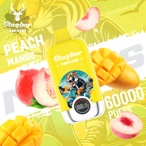 Bright yellow Stagbar Nexus vape bottle with a tiger on a scooter, peaches and mangoes, 6000 puffs.