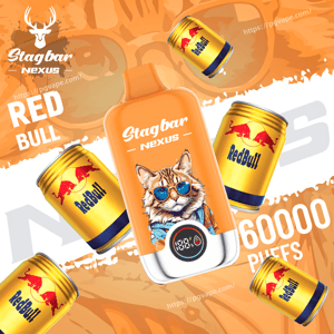 Orange Stagbar Nexus bottle featuring a cat wearing blue sunglasses, with Red Bull cans around it on an orange background.