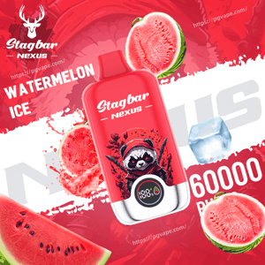 Red Stagbar Nexus vape bottle with panda graphic, surrounded by watermelon slices and an ice cube, promoting Watermelon Ice.