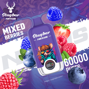 Purple Stagbar Nexus vape bottle featuring a cartoon mouse wearing sunglasses, surrounded by mixed berries and the label text Mixed Berries.