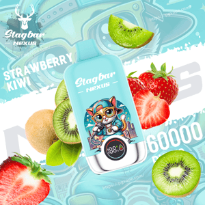 Turquoise Stagbar Nexus vape bottle with a cartoon cat in a cap, promoting strawberry kiwi flavor.