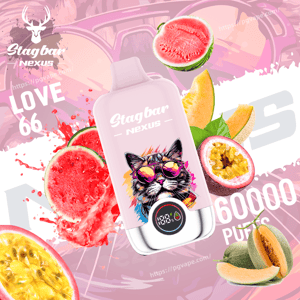 Pink Stagbar Nexus bottle with a sunglasses-wearing cat, surrounded by watermelon, cantaloupe, and passion fruit slices.