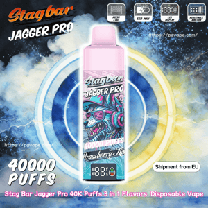 Botella de vapeo desechable Stagbar Jagger Pro con tapa rosa y un lobo de neón con gafas de sol sobre un fondo colorido.