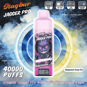 Dispositivo de vapeo desechable de color rosa con un gráfico de un gato morado, etiquetado Stagbar Jagger Pro, 40000 caladas, sabor Watermelon Ice.