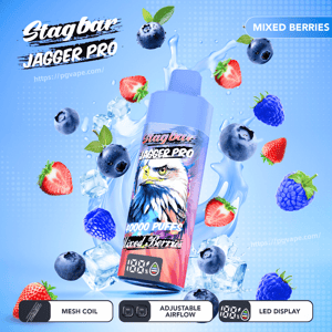 Blue Stag Bar Jagger Pro vape bottle, 10000 puffs, Mixed Berries, surrounded by berries and ice.