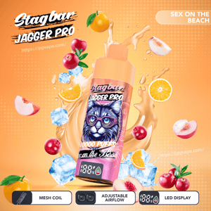Stagbar Jagger Pro vape device in orange-pink, surrounded by fruit and ice; features mesh coil, adjustable airflow, LED display.