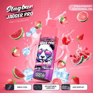 Pink Stagbar Jagger Pro vape bottle with a panda in sunglasses, strawberry watermelon flavor, splashy background.