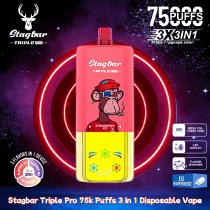 Vape desechable Stagbar Triple Pro, de color rosa a amarillo con un mono de dibujos animados con gafas de sol, sabor Strawberry Ice, fondo de neón.