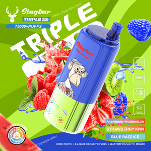 Anuncio verde brillante que muestra una botella de vaporizador Stagbar azul inclinada con el logo de un mono de dibujos animados, rodeada de frambuesas, kiwi y sandía.