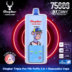 Dispositivo de vapeo desechable azul con un mono de dibujos animados en el frente, Stagbar Triple Pro, anunciado como 75.000 inhalaciones y sabores 3 en 1.