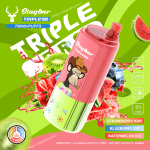 Vape Stagbar Triple Pro con una botella rosa y un mono de dibujos animados, sobre un fondo verde lima con toques de frutas y sabores de fresa, kiwi, arándano y sandía.