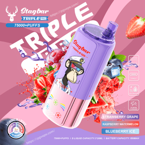 Botella de vaporizador Stagbar Triple Pro morada con dibujo del mono capitán, fondo de salpicaduras de bayas y tres sabores.