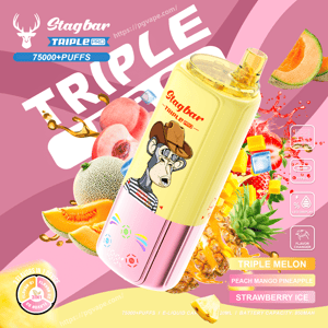 Vibrante anuncio de vaporizador Stag Bar Triple Pro con una botella degradada de color amarillo y rosa que presenta un mono vaquero, rodeado de frutas variadas como melón, piña y melocotón.