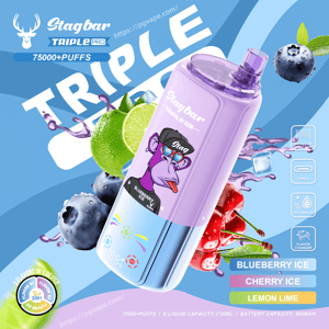Botella de vapeo Stagbar Triple Pro morada con el logo de un mono de dibujos animados sobre un fondo azul, con Blueberry Ice, Cherry Ice y Lemon Lime.