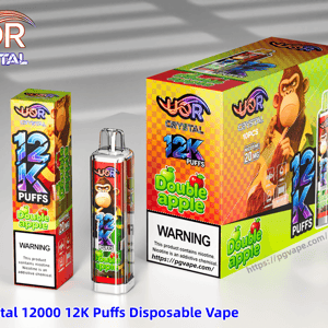Colorful UOR Crystal 12000 12K Puffs disposable vape display with double-apple flavor, cartoon monkey, and a clear device.