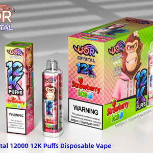 Colorful UOR Crystal 12K Puffs strawberry ice disposable vape packaging, featuring a gorilla mascot and bold 12K Puffs text.