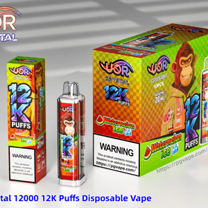Colorful UOR Crystal 12K Puffs watermelon ice disposable vape set featuring a monkey mascot and a bottle-shaped device.
