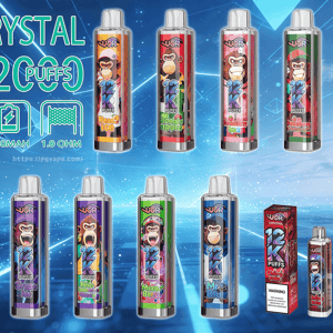Blue promotional banner displaying UOR Crystal 12K Puffs disposable vape bottles in various flavors with monkey artwork and red packaging on the right.