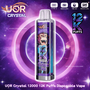 Purple space ad for UOR Crystal 12K Puffs disposable vape, transparent device with a monkey graphic and Grape Ice label.