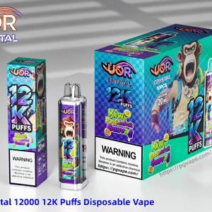 UOR Crystal 12000 12K Puffs disposable vape with vibrant packaging featuring Kiwi Passionfruit Guava and a cartoon monkey.