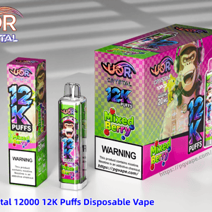 Bright UOR Crystal 12K Puffs Mixed Berry disposable vape packaging with pink and green checker design and a monkey mascot.