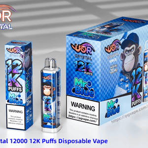 Blue checkered UOR Crystal 12K Puffs Mr Blue disposable vape packaging featuring a monkey mascot and a warning label.