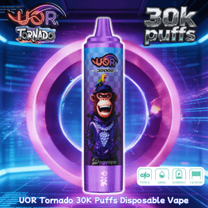 Purple UOR Tornado 30K puffs disposable vape pen with a checkered pattern and bird graphic.