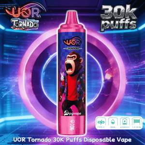 Pink disposable vape with a gorilla graphic, UOR Tornado branding and 30K puffs on a neon futuristic background.