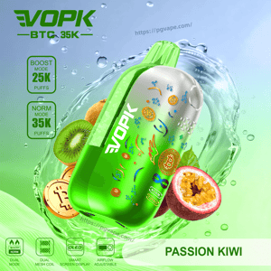Green EVOPK vape device with kiwi and passion fruit graphics, showing Boost 25K and Norm 35K puffs, Passion Kiwi.