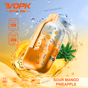 EVOPK vape device in orange-silver gradient with mango and pineapple motif, Sour Mango Pineapple flavor, Boost 25K / Norm 35K