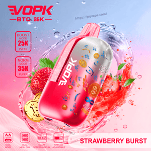 Pink EVOK vape device with Bitcoin symbols, 25K/35K puff modes, amid a strawberry splash.