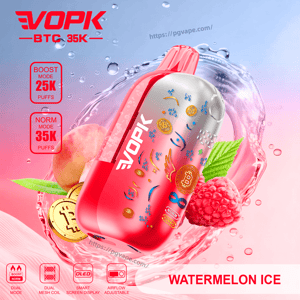 EVOPK watermelon ice vape device in pink and silver with Bitcoin symbols; Boost 25K and Norm 35K puff modes, amid fruit splash.