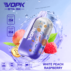 EVOPK vape device in purple-silver gradient with peach and raspberry imagery and water splash; flavor White Peach Raspberry.