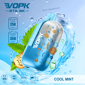 Blue EVOPK vape device with Bitcoin icons, mint leaves and ice splash, showing Boost 25K and Norm 35K puffs, Cool Mint.