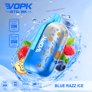 Blue EvoPK vape device with Blue Razz Ice flavor, floating in water among berries and coins, showing Boost Mode 25K and Norm Mode 35K puffs.