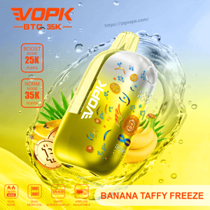 Bright yellow EVOPK banana taffy vape bottle with Bitcoin symbols, a water splash and tropical banana background.