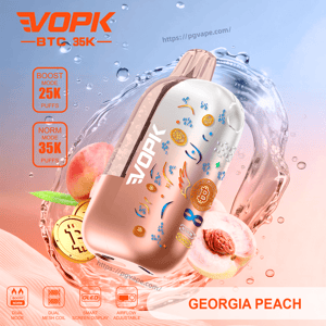EVOPK peach vape with Bitcoin icons, Georgia Peach flavor; Boost 25K / Norm 35K puffs, peach and splash background.