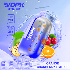 EVOPK blue gradient vape pod with orange cranberry lime ice flavor, BTC icons, fruit splash; Boost 25K and Norm 35K puffs