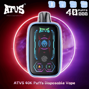 ATUS 40K Puffs disposable vape device with a black panel displaying neon blue and purple circuitry graphics, blue frame, and a glowing ring background.