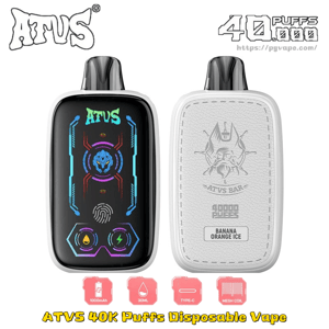 Disposable vape front and back: black device with UI on the front and white textured back with ATVS Bar logo, Banana Orange Ice, 40K puffs.
