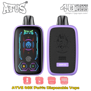 Two purple-edged disposable vapes, front shows graphics and ATVS branding; back has a black textured panel with GRAPE ICE.