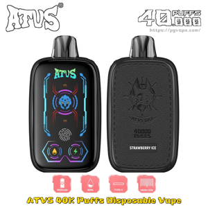 Front and back views of a black ATVS 40K Puffs disposable vape with neon UI and Strawberry Ice flavor